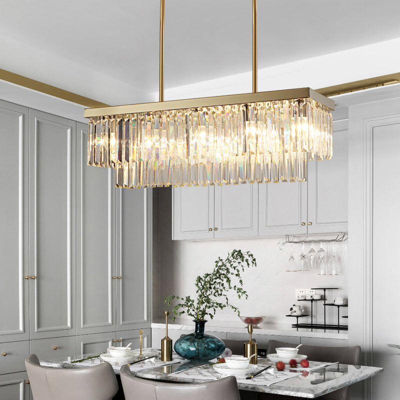 Rectangle Hanging Lamp Kit Contemporary Clear/Amber Crystal Block 8 Lights Dining Room Island Lamp, 31.5"/39" W Clear 39" Clearhalo 'Ceiling Lights' 'Island Lights' Lighting' 223131