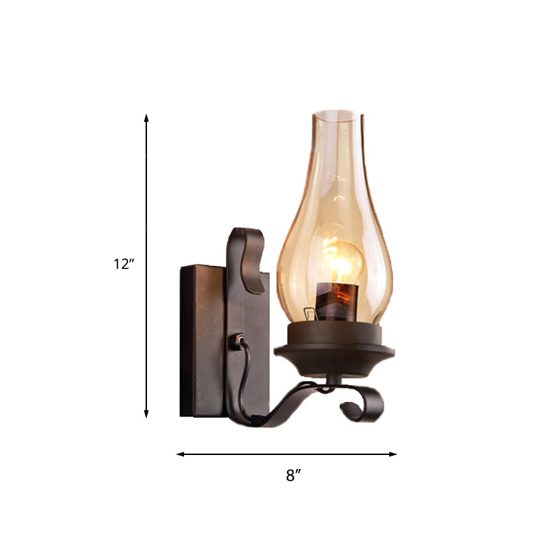 Single Light Amber Glass Wall Lamp Vintage Style Matte Black Kerosene Living Room Wall Sconce with Curved Arm Clearhalo 'Wall Lamps & Sconces' 'Wall Lights' Lighting' 223227