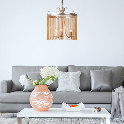 Cylinder Crystal Strand Chandelier Light Modern 3/5/6 Lights Gold Ceiling Pendant Light, 15"/19.5"/24.5" Wide Gold 15" Clearhalo 'Ceiling Lights' 'Chandeliers' 'Modern Chandeliers' 'Modern' Lighting' 223274