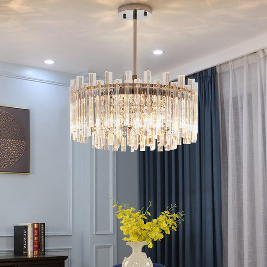 5 Lights Dining Room Chandelier Light Modern Chrome Hanging Light with Round/Rectangle Prism Crystal Chrome Round Clearhalo 'Ceiling Lights' 'Chandeliers' 'Modern Chandeliers' 'Modern' Lighting' 223397