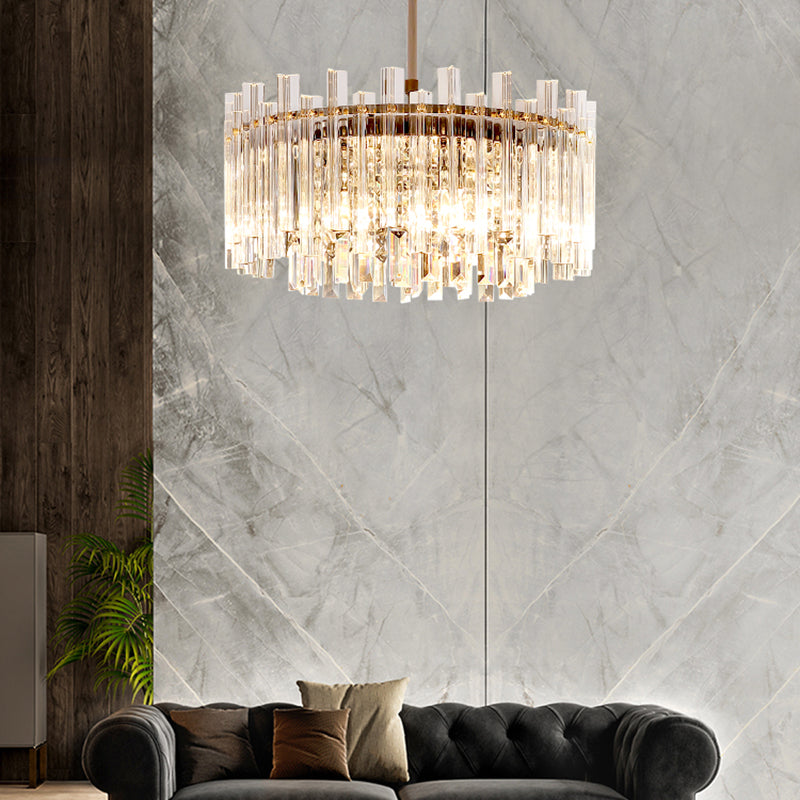 5 Lights Dining Room Chandelier Light Modern Chrome Hanging Light with Round/Rectangle Prism Crystal Clearhalo 'Ceiling Lights' 'Chandeliers' 'Modern Chandeliers' 'Modern' Lighting' 223398