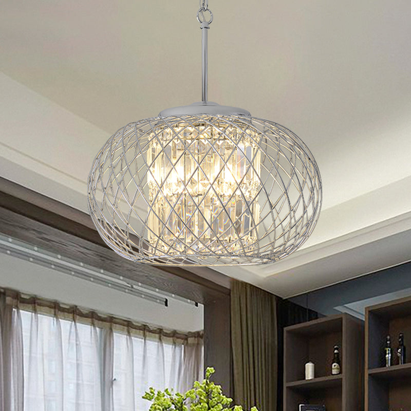 3 Lights Dining Room Chandelier Light Modern Chrome Hanging Light with Dome Cage Crystal Block Shade Clearhalo 'Ceiling Lights' 'Chandeliers' 'Industrial Chandeliers' 'Industrial' 'Middle Century Chandeliers' 'Tiffany' Lighting' 223468