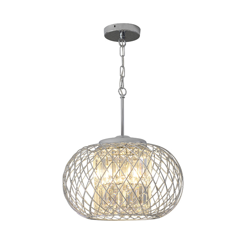 3 Lights Dining Room Chandelier Light Modern Chrome Hanging Light with Dome Cage Crystal Block Shade Clearhalo 'Ceiling Lights' 'Chandeliers' 'Industrial Chandeliers' 'Industrial' 'Middle Century Chandeliers' 'Tiffany' Lighting' 223469