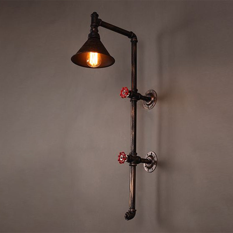 Single Wall Mount Light Industrial Funnel Iron Wall Light Fixture with Decorative Water Valve in Rust Clearhalo 'Art deco wall lights' 'Cast Iron' 'Glass' 'Industrial wall lights' 'Industrial' 'Middle century wall lights' 'Modern' 'Rustic wall lights' 'Tiffany' 'Traditional wall lights' 'Wall Lamps & Sconces' 'Wall Lights' Lighting' 2235440