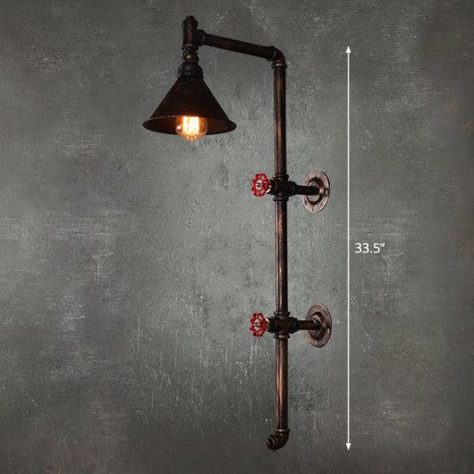 Single Wall Mount Light Industrial Funnel Iron Wall Light Fixture with Decorative Water Valve in Rust Clearhalo 'Art deco wall lights' 'Cast Iron' 'Glass' 'Industrial wall lights' 'Industrial' 'Middle century wall lights' 'Modern' 'Rustic wall lights' 'Tiffany' 'Traditional wall lights' 'Wall Lamps & Sconces' 'Wall Lights' Lighting' 2235442