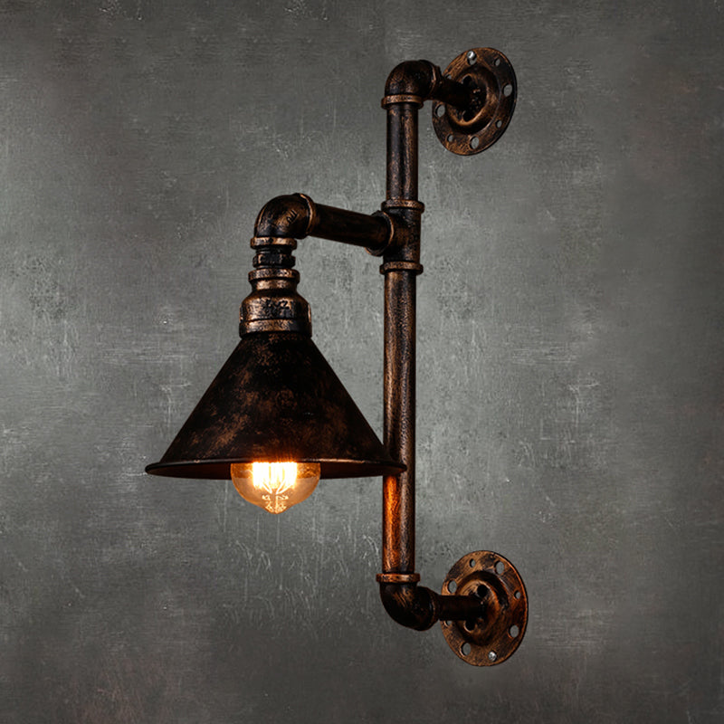 Water Pipe Iron Wall Lighting Antique 1-Light Restaurant Wall Mount Light with Cone Shade in Rust Clearhalo 'Art deco wall lights' 'Cast Iron' 'Glass' 'Industrial wall lights' 'Industrial' 'Middle century wall lights' 'Modern' 'Rustic wall lights' 'Tiffany' 'Traditional wall lights' 'Wall Lamps & Sconces' 'Wall Lights' Lighting' 2235444