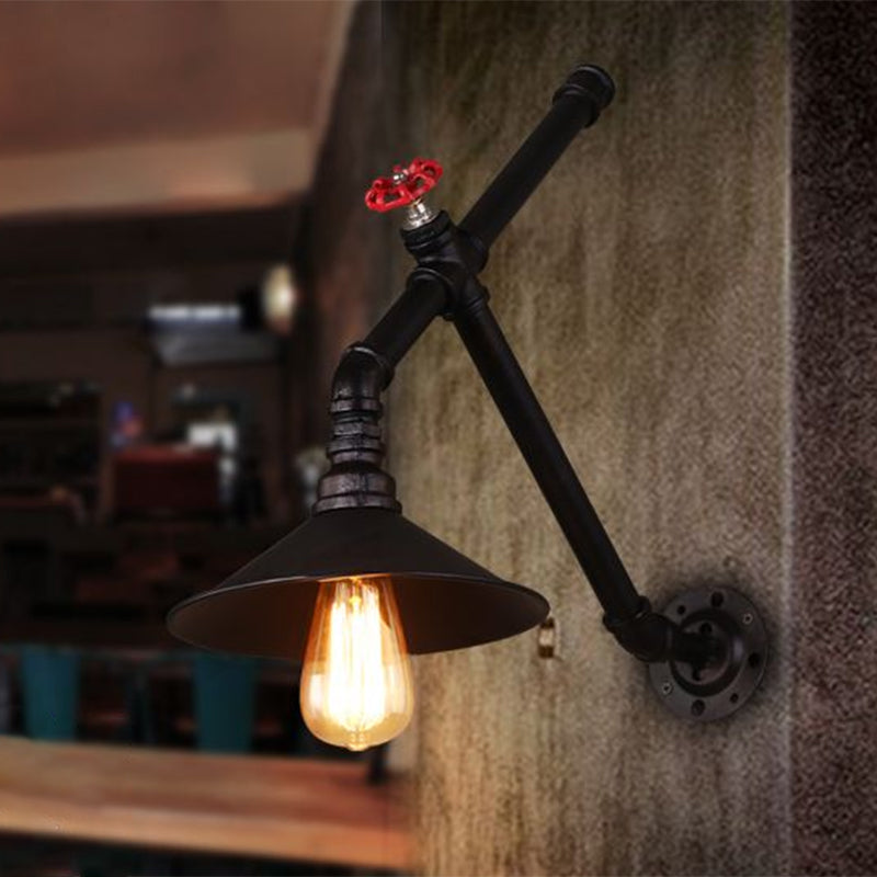 Iron Cone Wall Lamp Rustic 1 Bulb Restaurant Wall Light Fixture with Water Valve in Black Black Clearhalo 'Art deco wall lights' 'Cast Iron' 'Glass' 'Industrial wall lights' 'Industrial' 'Middle century wall lights' 'Modern' 'Rustic wall lights' 'Tiffany' 'Traditional wall lights' 'Wall Lamps & Sconces' 'Wall Lights' Lighting' 2235448