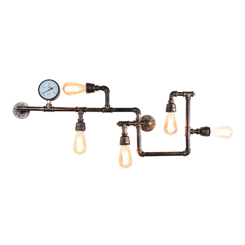 Water Pipe Iron Wall Lamp Rustic Style 5 Bulbs Restaurant Wall Light Fixture with Pressure Gauge Clearhalo 'Art deco wall lights' 'Cast Iron' 'Glass' 'Industrial wall lights' 'Industrial' 'Middle century wall lights' 'Modern' 'Rustic wall lights' 'Tiffany' 'Traditional wall lights' 'Wall Lamps & Sconces' 'Wall Lights' Lighting' 2235460