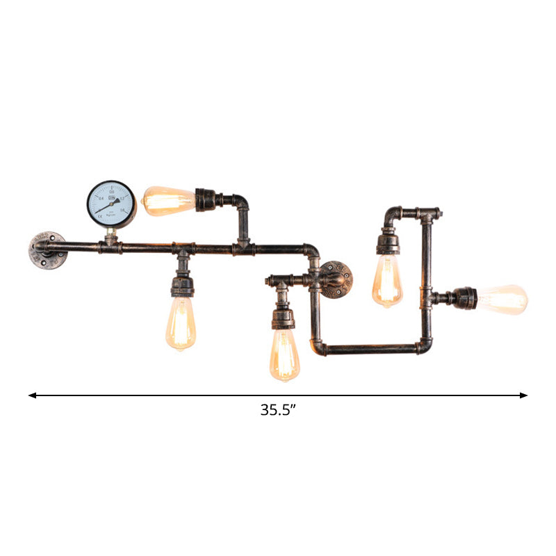 Water Pipe Iron Wall Lamp Rustic Style 5 Bulbs Restaurant Wall Light Fixture with Pressure Gauge Bronze Clearhalo 'Art deco wall lights' 'Cast Iron' 'Glass' 'Industrial wall lights' 'Industrial' 'Middle century wall lights' 'Modern' 'Rustic wall lights' 'Tiffany' 'Traditional wall lights' 'Wall Lamps & Sconces' 'Wall Lights' Lighting' 2235467