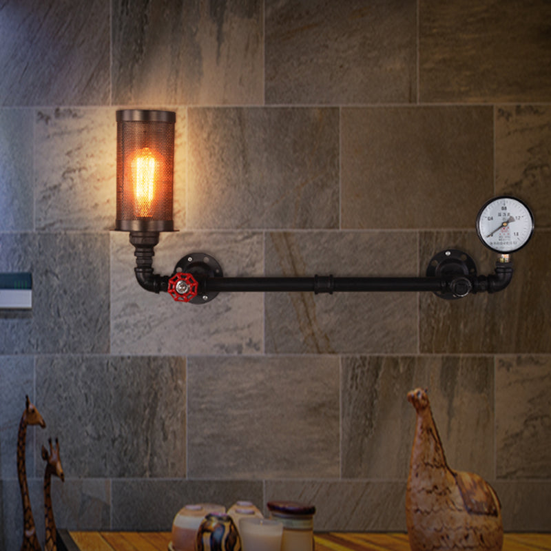 Single-Bulb Wall Light Fixture Vintage Water Pipe Iron Wall Mounted Lamp with Valve and Gauge in Black Clearhalo 'Art deco wall lights' 'Cast Iron' 'Glass' 'Industrial wall lights' 'Industrial' 'Middle century wall lights' 'Modern' 'Rustic wall lights' 'Tiffany' 'Traditional wall lights' 'Wall Lamps & Sconces' 'Wall Lights' Lighting' 2235475