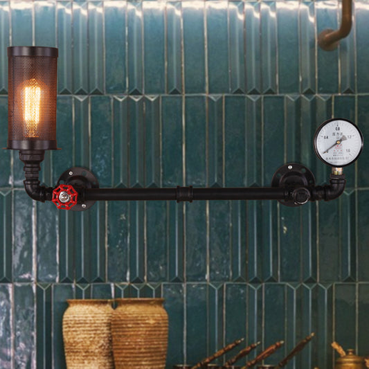 Single-Bulb Wall Light Fixture Vintage Water Pipe Iron Wall Mounted Lamp with Valve and Gauge in Black Clearhalo 'Art deco wall lights' 'Cast Iron' 'Glass' 'Industrial wall lights' 'Industrial' 'Middle century wall lights' 'Modern' 'Rustic wall lights' 'Tiffany' 'Traditional wall lights' 'Wall Lamps & Sconces' 'Wall Lights' Lighting' 2235477