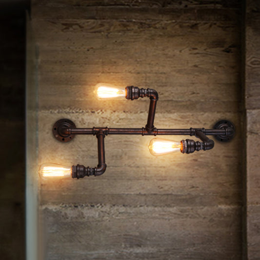 Antique Pipe Arm Wall Lighting 3 Heads Iron Wall Mount Light in Black for Corridor Clearhalo 'Art deco wall lights' 'Cast Iron' 'Glass' 'Industrial wall lights' 'Industrial' 'Middle century wall lights' 'Modern' 'Rustic wall lights' 'Tiffany' 'Traditional wall lights' 'Wall Lamps & Sconces' 'Wall Lights' Lighting' 2235481
