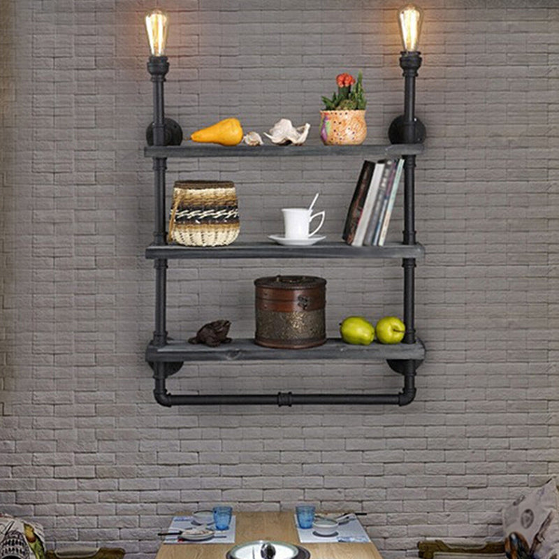 Water Pipe Shelf Iron Wall Lamp Rustic Style Restaurant Wall Light Fixture in Black Clearhalo 'Art deco wall lights' 'Cast Iron' 'Glass' 'Industrial wall lights' 'Industrial' 'Middle century wall lights' 'Modern' 'Rustic wall lights' 'Tiffany' 'Traditional wall lights' 'Wall Lamps & Sconces' 'Wall Lights' Lighting' 2235486