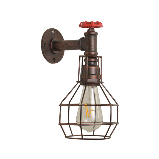 Grenade Cage Metallic Wall Light Retro 1 Head Restaurant Wall Lighting Fixture with Water Valve in Rust Rust Clearhalo 'Art deco wall lights' 'Cast Iron' 'Glass' 'Industrial wall lights' 'Industrial' 'Middle century wall lights' 'Modern' 'Rustic wall lights' 'Tiffany' 'Traditional wall lights' 'Wall Lamps & Sconces' 'Wall Lights' Lighting' 2235506