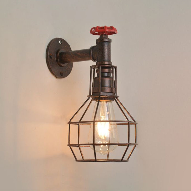 Grenade Cage Metallic Wall Light Retro 1 Head Restaurant Wall Lighting Fixture with Water Valve in Rust Clearhalo 'Art deco wall lights' 'Cast Iron' 'Glass' 'Industrial wall lights' 'Industrial' 'Middle century wall lights' 'Modern' 'Rustic wall lights' 'Tiffany' 'Traditional wall lights' 'Wall Lamps & Sconces' 'Wall Lights' Lighting' 2235510