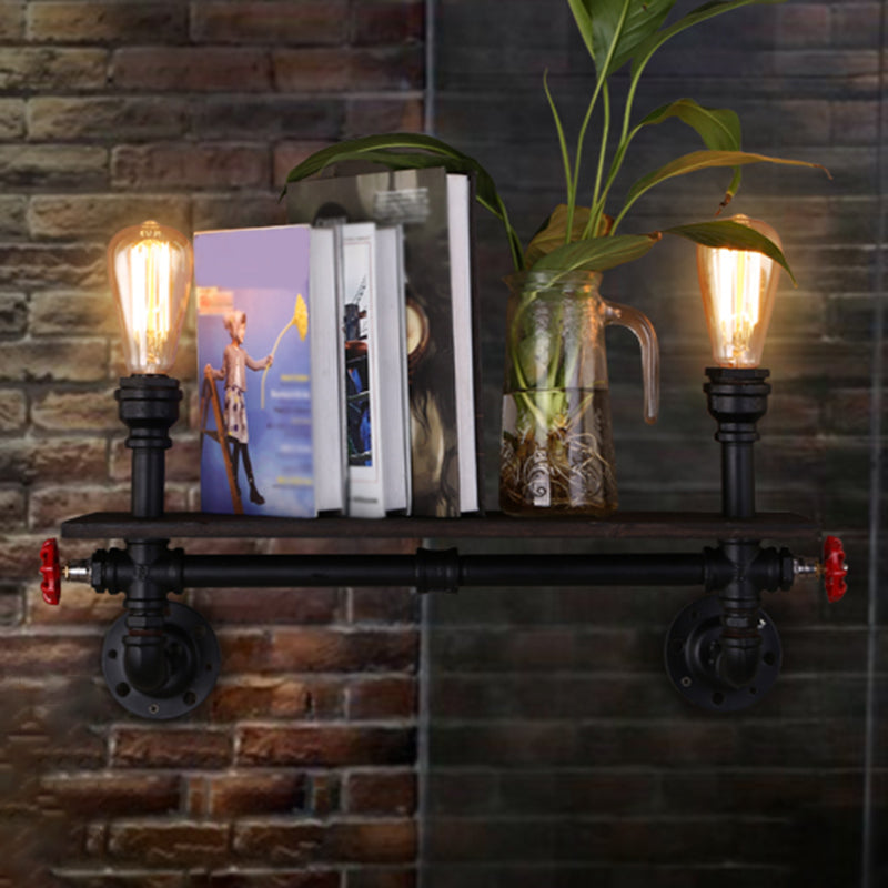 2 Heads Wall Light Retro Water Pipe Shelf Iron Wall Lighting Fixture in Black for Living Room Clearhalo 'Art deco wall lights' 'Cast Iron' 'Glass' 'Industrial wall lights' 'Industrial' 'Middle century wall lights' 'Modern' 'Rustic wall lights' 'Tiffany' 'Traditional wall lights' 'Wall Lamps & Sconces' 'Wall Lights' Lighting' 2235579