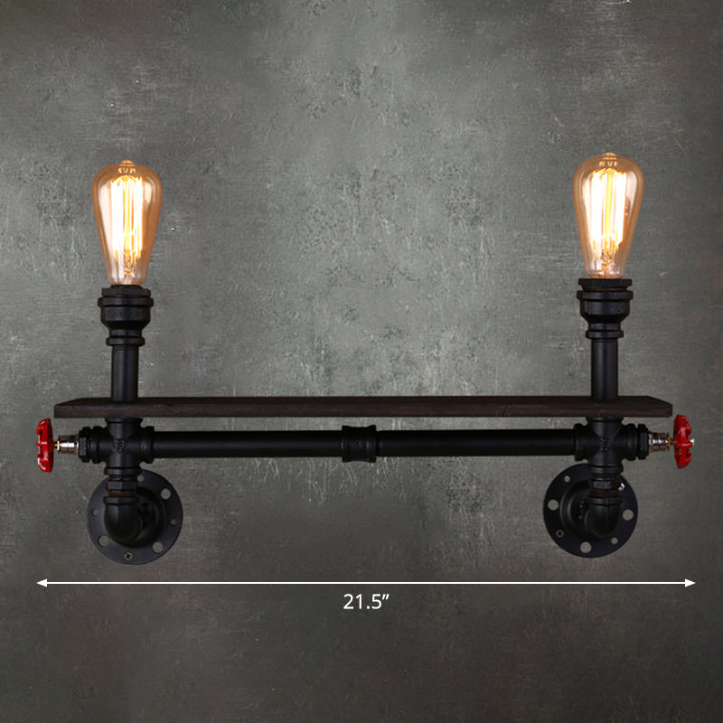 2 Heads Wall Light Retro Water Pipe Shelf Iron Wall Lighting Fixture in Black for Living Room Black Clearhalo 'Art deco wall lights' 'Cast Iron' 'Glass' 'Industrial wall lights' 'Industrial' 'Middle century wall lights' 'Modern' 'Rustic wall lights' 'Tiffany' 'Traditional wall lights' 'Wall Lamps & Sconces' 'Wall Lights' Lighting' 2235580
