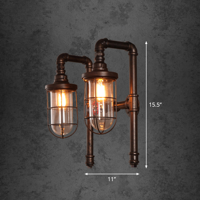 Rust Elongated Dome Wall Light Fixture Vintage Clear Glass 2 Heads Restaurant Piping Light with Metallic Cage Clearhalo 'Art deco wall lights' 'Cast Iron' 'Glass' 'Industrial wall lights' 'Industrial' 'Middle century wall lights' 'Modern' 'Rustic wall lights' 'Tiffany' 'Traditional wall lights' 'Wall Lamps & Sconces' 'Wall Lights' Lighting' 2235591