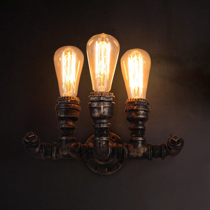 Plumbing Pipe Iron Wall Lighting Antique 3 Bulbs Restaurant Wall Mount Light in Bronze Clearhalo 'Art deco wall lights' 'Cast Iron' 'Glass' 'Industrial wall lights' 'Industrial' 'Middle century wall lights' 'Modern' 'Rustic wall lights' 'Tiffany' 'Traditional wall lights' 'Wall Lamps & Sconces' 'Wall Lights' Lighting' 2235594
