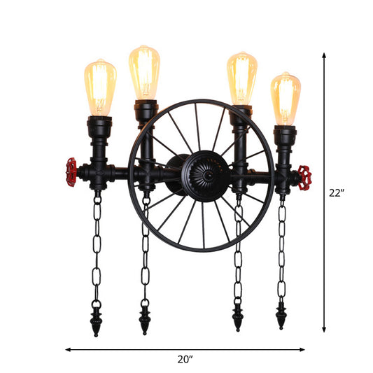 Wagon Wheel Restaurant Wall Light Retro Iron Restaurant Piping Light with Valve Decor in Black 4.0 Black Clearhalo 'Art deco wall lights' 'Cast Iron' 'Glass' 'Industrial wall lights' 'Industrial' 'Middle century wall lights' 'Modern' 'Rustic wall lights' 'Tiffany' 'Traditional wall lights' 'Wall Lamps & Sconces' 'Wall Lights' Lighting' 2235619