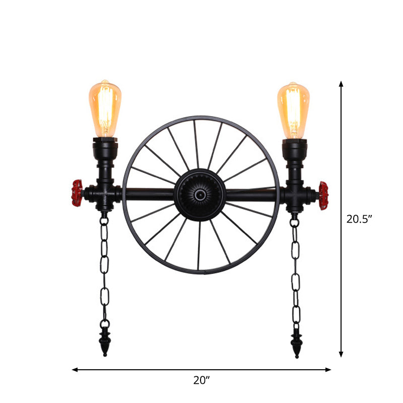 Wagon Wheel Restaurant Wall Light Retro Iron Restaurant Piping Light with Valve Decor in Black 2.0 Black Clearhalo 'Art deco wall lights' 'Cast Iron' 'Glass' 'Industrial wall lights' 'Industrial' 'Middle century wall lights' 'Modern' 'Rustic wall lights' 'Tiffany' 'Traditional wall lights' 'Wall Lamps & Sconces' 'Wall Lights' Lighting' 2235620
