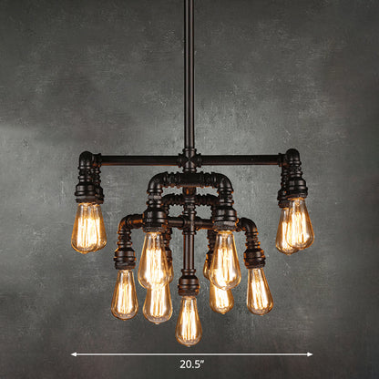 13 Heads Ceiling Lighting Rustic Water Pipe Iron Chandelier Light Fixture in Black Black Clearhalo 'Cast Iron' 'Ceiling Lights' 'Chandeliers' 'Industrial Chandeliers' 'Industrial' 'Metal' 'Middle Century Chandeliers' 'Rustic Chandeliers' 'Tiffany' Lighting' 2235628