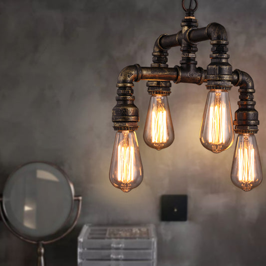Industrial Plumbing Pipe Chandelier Pendant Light 4 Bulbs Iron Hanging Light in Rust Clearhalo 'Cast Iron' 'Ceiling Lights' 'Chandeliers' 'Industrial Chandeliers' 'Industrial' 'Metal' 'Middle Century Chandeliers' 'Rustic Chandeliers' 'Tiffany' Lighting' 2235632