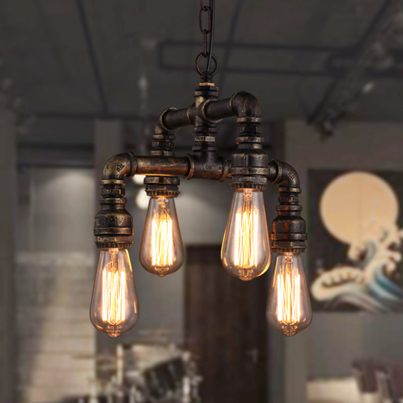 Industrial Plumbing Pipe Chandelier Pendant Light 4 Bulbs Iron Hanging Light in Rust Clearhalo 'Cast Iron' 'Ceiling Lights' 'Chandeliers' 'Industrial Chandeliers' 'Industrial' 'Metal' 'Middle Century Chandeliers' 'Rustic Chandeliers' 'Tiffany' Lighting' 2235634