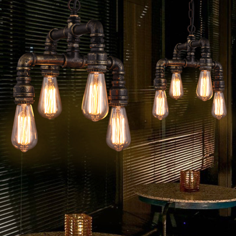 Industrial Plumbing Pipe Chandelier Pendant Light 4 Bulbs Iron Hanging Light in Rust Clearhalo 'Cast Iron' 'Ceiling Lights' 'Chandeliers' 'Industrial Chandeliers' 'Industrial' 'Metal' 'Middle Century Chandeliers' 'Rustic Chandeliers' 'Tiffany' Lighting' 2235635