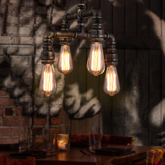 Industrial Plumbing Pipe Chandelier Pendant Light 4 Bulbs Iron Hanging Light in Rust Clearhalo 'Cast Iron' 'Ceiling Lights' 'Chandeliers' 'Industrial Chandeliers' 'Industrial' 'Metal' 'Middle Century Chandeliers' 'Rustic Chandeliers' 'Tiffany' Lighting' 2235636