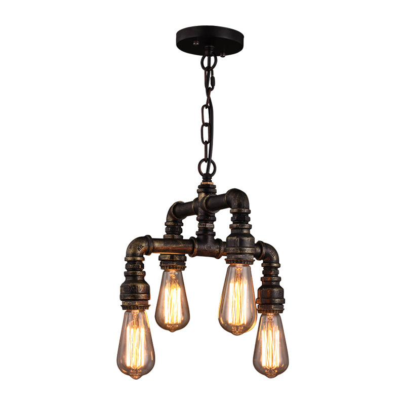 Industrial Plumbing Pipe Chandelier Pendant Light 4 Bulbs Iron Hanging Light in Rust Clearhalo 'Cast Iron' 'Ceiling Lights' 'Chandeliers' 'Industrial Chandeliers' 'Industrial' 'Metal' 'Middle Century Chandeliers' 'Rustic Chandeliers' 'Tiffany' Lighting' 2235637