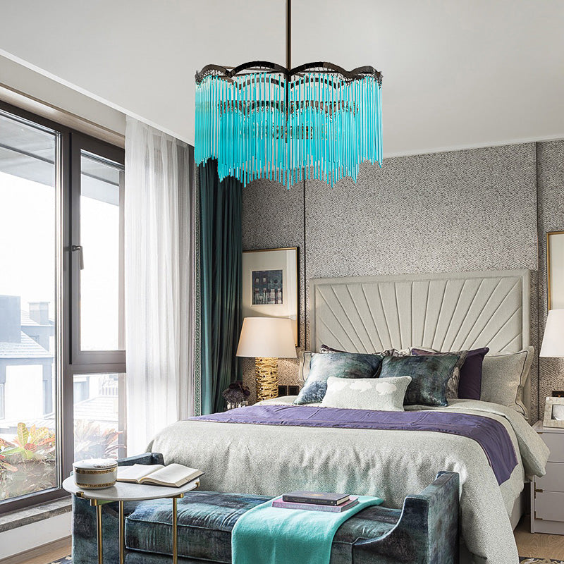3 Lights Dining Room Chandelier Light Clear/Blue Crystal Strand Hanging Light with Round Design Clearhalo 'Ceiling Lights' 'Chandeliers' 'Clear' 'Industrial' 'Modern Chandeliers' 'Modern' 'Tiffany' 'Traditional Chandeliers' Lighting' 223564