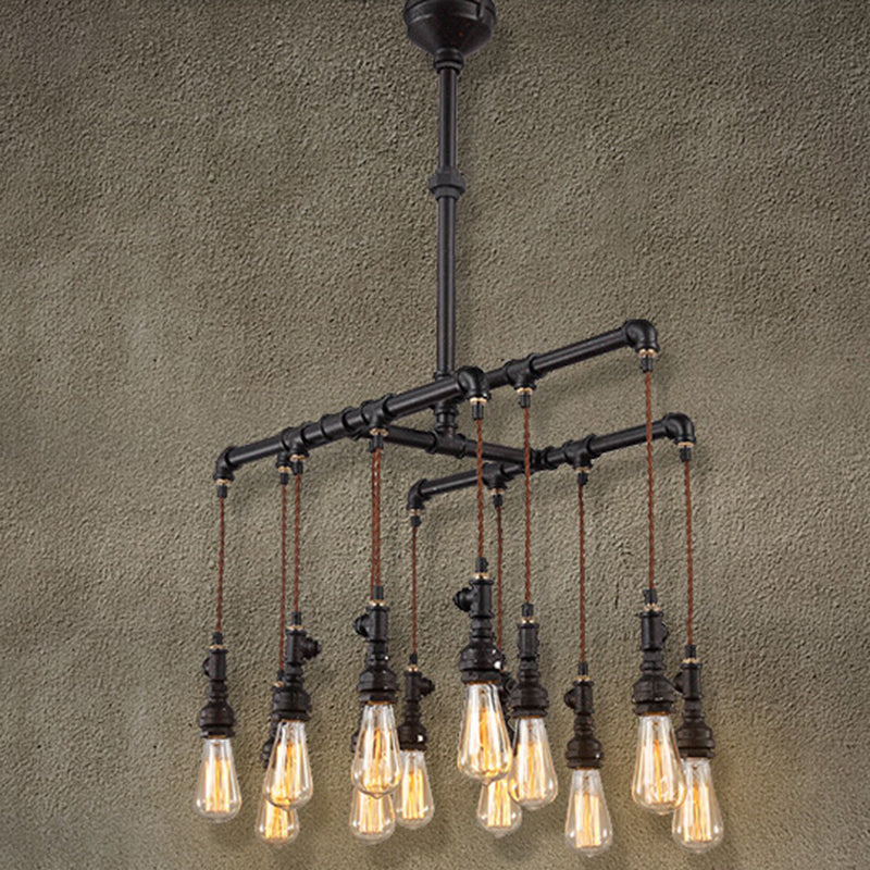 Industrial Plumbing Pipe LED Hanging Lamp Iron Island Chandelier Light in Black for Restaurant Clearhalo 'Ceiling Lights' 'Island Lights' Lighting' 2235646