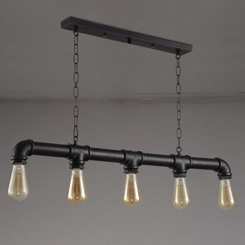 5 Heads Hanging Light Vintage Linear Pipe Iron Island Ceiling Light for Restaurant Black Clearhalo 'Ceiling Lights' 'Island Lights' Lighting' 2235650