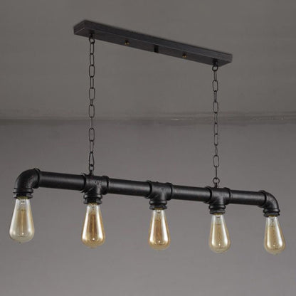 5 Heads Hanging Light Vintage Linear Pipe Iron Island Ceiling Light for Restaurant Black Clearhalo 'Ceiling Lights' 'Island Lights' Lighting' 2235650