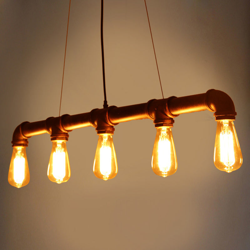 Antique Water Pipe Pendant Light 5 Heads Iron Hanging Island Light in Rust for Restaurant Clearhalo 'Ceiling Lights' 'Island Lights' Lighting' 2235654