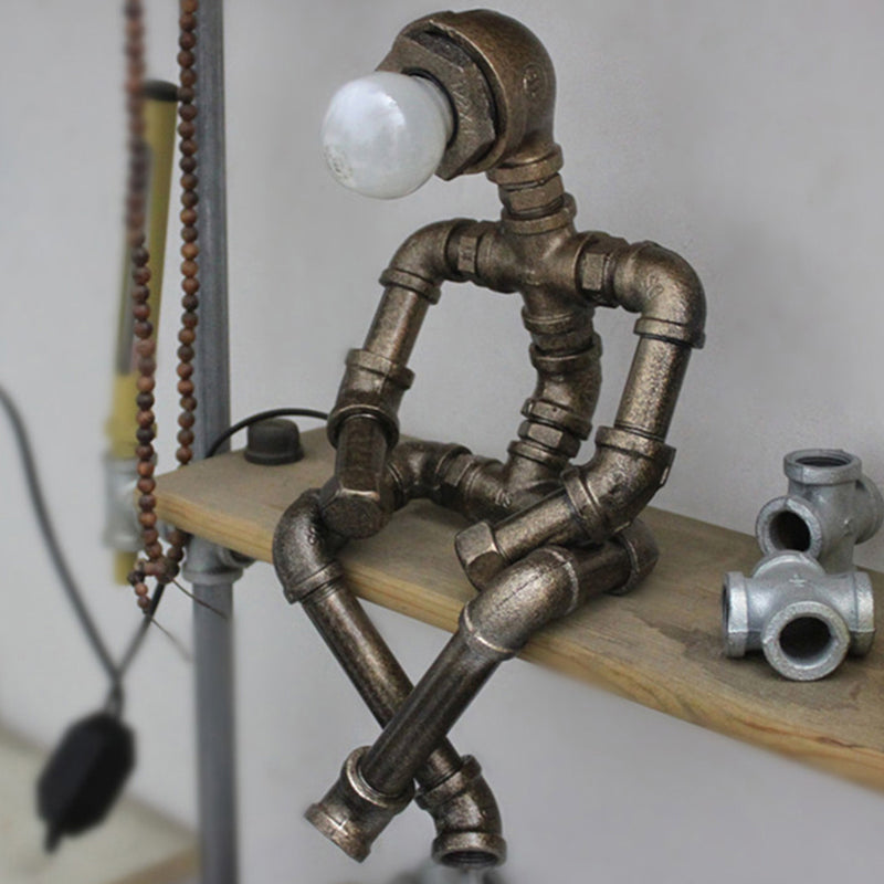 1 Head Nightstand Lamp Rustic Pipe Robot Iron Nightstand Lighting in Bronze for Cafe Clearhalo 'Lamps' 'Table Lamps' Lighting' 2235693
