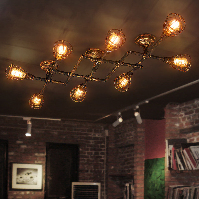 Iron Twisted Pipe Semi Flush Vintage Coffee Shop Flush Ceiling Light Fixture with Cage in Bronze Clearhalo 'Ceiling Lights' 'Close To Ceiling Lights' 'Close to ceiling' 'Semi-flushmount' Lighting' 2235701
