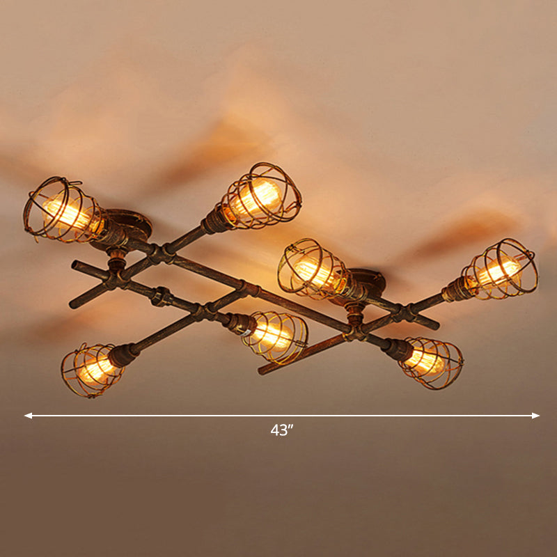 Iron Twisted Pipe Semi Flush Vintage Coffee Shop Flush Ceiling Light Fixture with Cage in Bronze 7 Bronze Clearhalo 'Ceiling Lights' 'Close To Ceiling Lights' 'Close to ceiling' 'Semi-flushmount' Lighting' 2235702