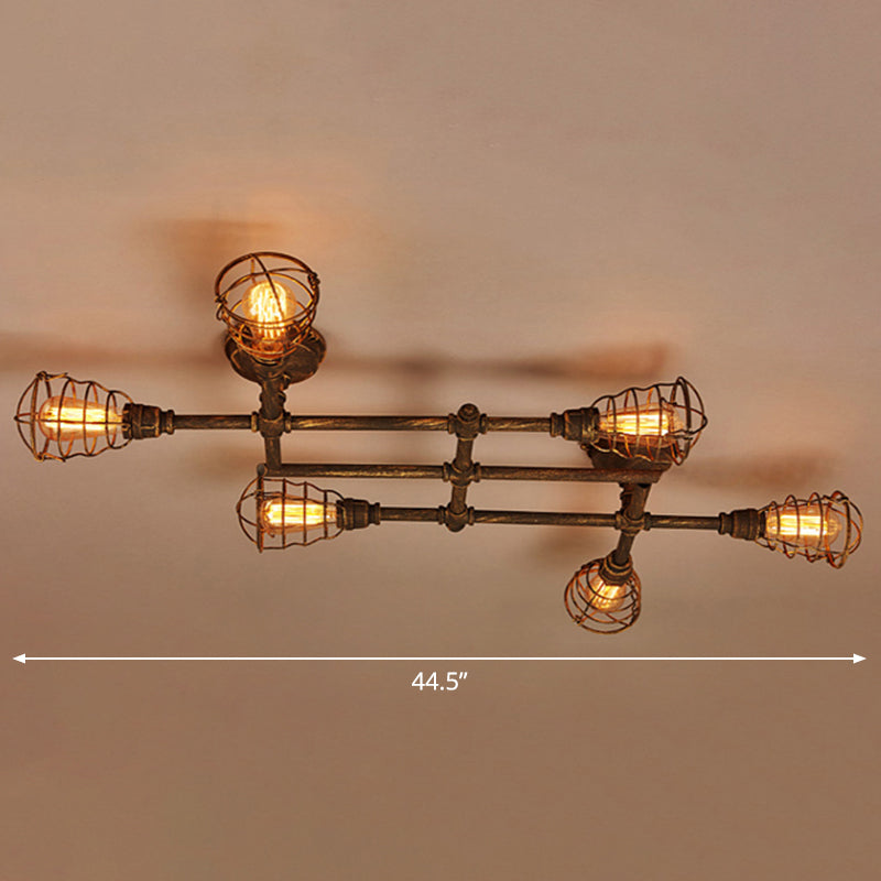 Iron Twisted Pipe Semi Flush Vintage Coffee Shop Flush Ceiling Light Fixture with Cage in Bronze 6 Bronze Clearhalo 'Ceiling Lights' 'Close To Ceiling Lights' 'Close to ceiling' 'Semi-flushmount' Lighting' 2235703