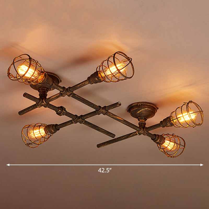 Iron Twisted Pipe Semi Flush Vintage Coffee Shop Flush Ceiling Light Fixture with Cage in Bronze 5 Bronze Clearhalo 'Ceiling Lights' 'Close To Ceiling Lights' 'Close to ceiling' 'Semi-flushmount' Lighting' 2235705
