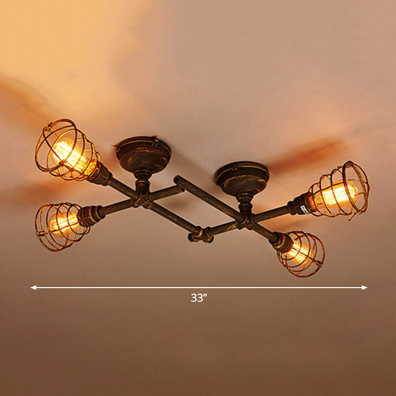 Iron Twisted Pipe Semi Flush Vintage Coffee Shop Flush Ceiling Light Fixture with Cage in Bronze 4 Bronze Clearhalo 'Ceiling Lights' 'Close To Ceiling Lights' 'Close to ceiling' 'Semi-flushmount' Lighting' 2235707