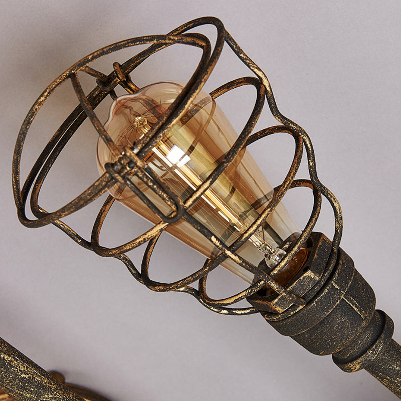 Iron Twisted Pipe Semi Flush Vintage Coffee Shop Flush Ceiling Light Fixture with Cage in Bronze Clearhalo 'Ceiling Lights' 'Close To Ceiling Lights' 'Close to ceiling' 'Semi-flushmount' Lighting' 2235708