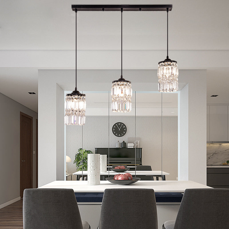 Cylinder Crystal Block Hanging Light Contemporary 3 Lights Black Cluster Pendant Light with Round/Linear Canopy Black Linear Clearhalo 'Ceiling Lights' 'Modern Pendants' 'Modern' 'Pendant Lights' 'Pendants' Lighting' 223585