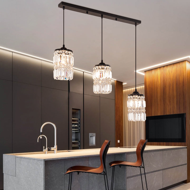 Cylinder Crystal Block Hanging Light Contemporary 3 Lights Black Cluster Pendant Light with Round/Linear Canopy Clearhalo 'Ceiling Lights' 'Modern Pendants' 'Modern' 'Pendant Lights' 'Pendants' Lighting' 223586