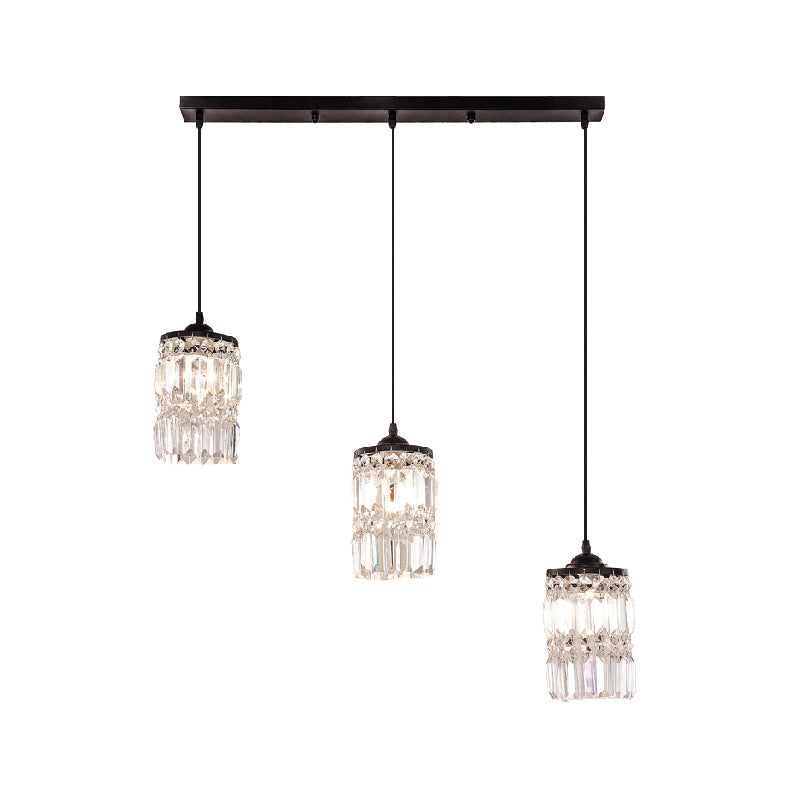 Cylinder Crystal Block Hanging Light Contemporary 3 Lights Black Cluster Pendant Light with Round/Linear Canopy Clearhalo 'Ceiling Lights' 'Modern Pendants' 'Modern' 'Pendant Lights' 'Pendants' Lighting' 223587