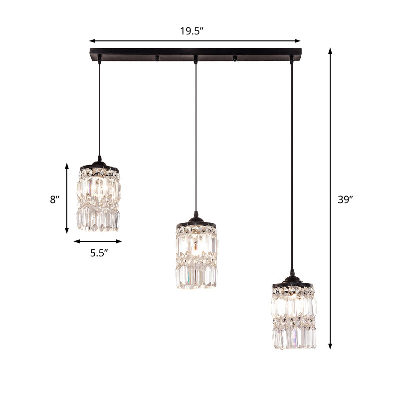 Cylinder Crystal Block Hanging Light Contemporary 3 Lights Black Cluster Pendant Light with Round/Linear Canopy Clearhalo 'Ceiling Lights' 'Modern Pendants' 'Modern' 'Pendant Lights' 'Pendants' Lighting' 223588