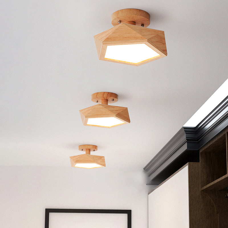 Pentagon Faceted LED Semi Flush Mount Simplicity Wood Corridor Ceiling Mounted Light Clearhalo 'Ceiling Lights' 'Close To Ceiling Lights' 'Close to ceiling' 'Flush mount' Lighting' 2235886