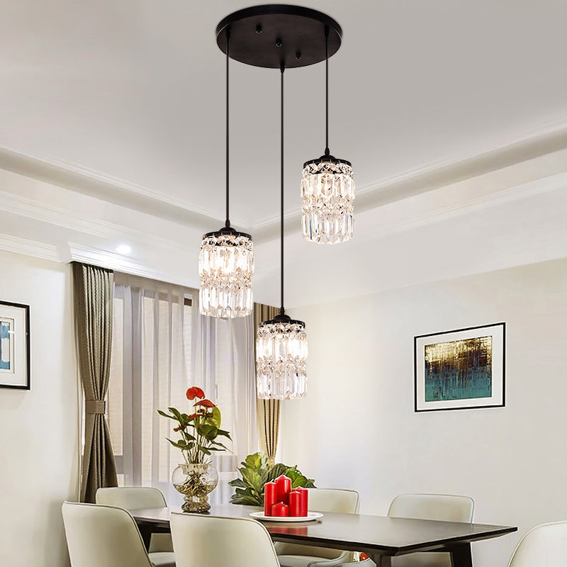 Cylinder Crystal Block Hanging Light Contemporary 3 Lights Black Cluster Pendant Light with Round/Linear Canopy Black Round Clearhalo 'Ceiling Lights' 'Modern Pendants' 'Modern' 'Pendant Lights' 'Pendants' Lighting' 223589