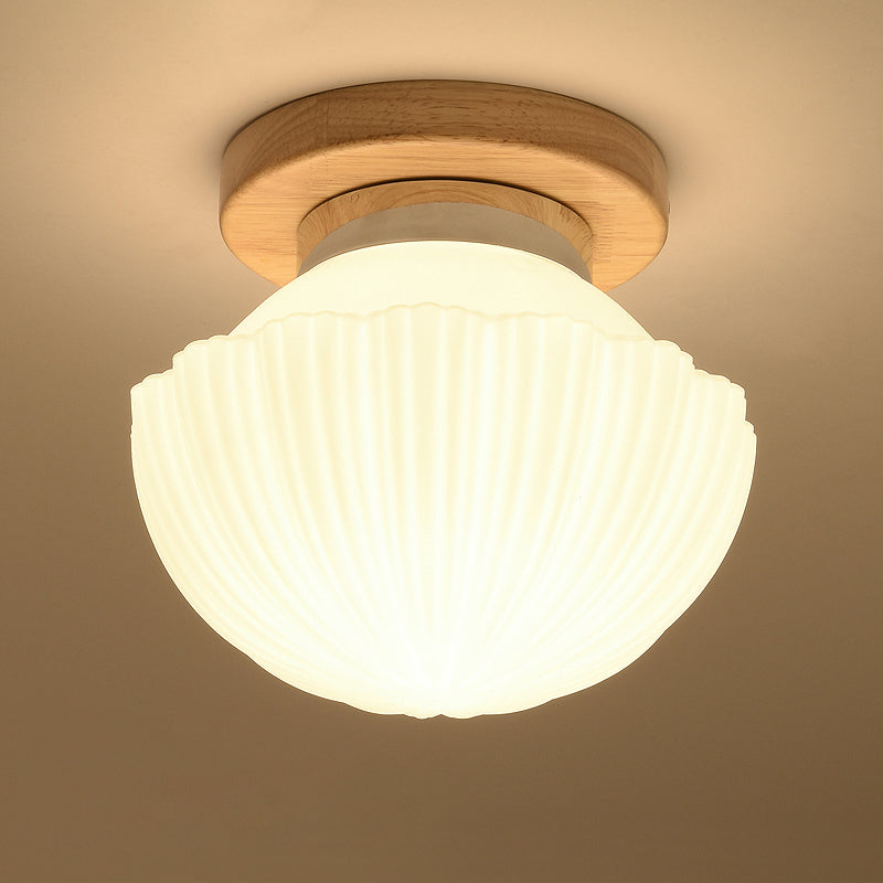 Shaded Entryway Flush Mount Lighting White Glass Nordic LED Flush Ceiling Light Fixture with Wooden Canopy White A Clearhalo 'Ceiling Lights' 'Close To Ceiling Lights' 'Close to ceiling' 'Flush mount' Lighting' 2235896